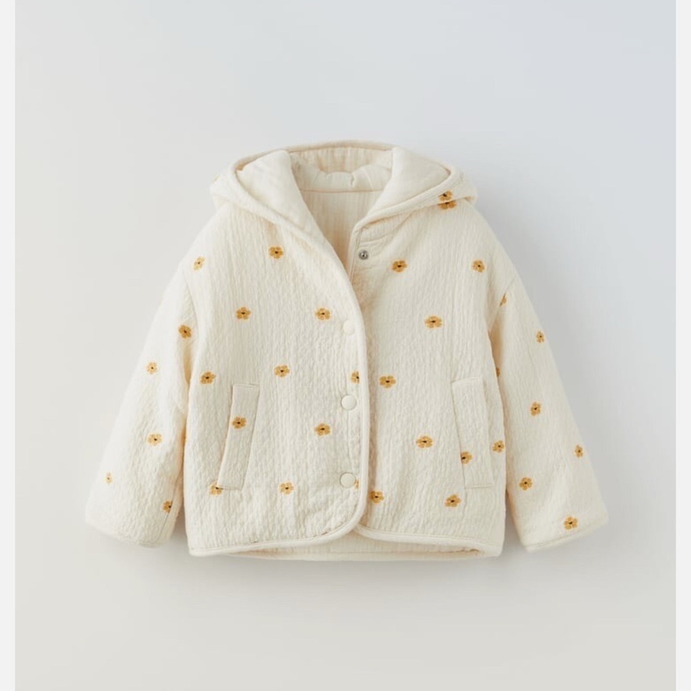 Zara Kids Cream Quilted Jacket with Floral Design